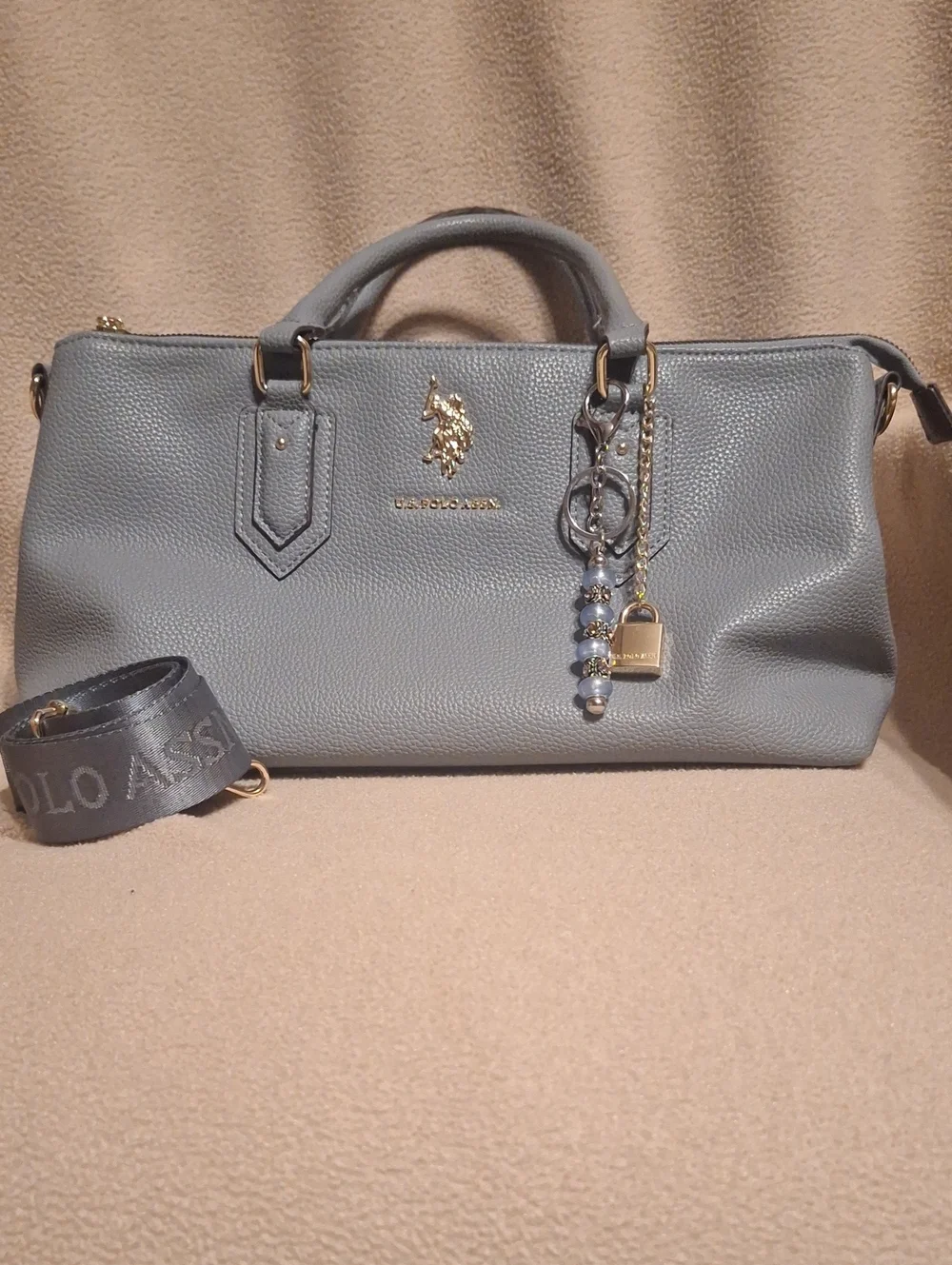 U.S. Polo Assn. Pebbled Satchel in Steel Gray with Gold Hardware